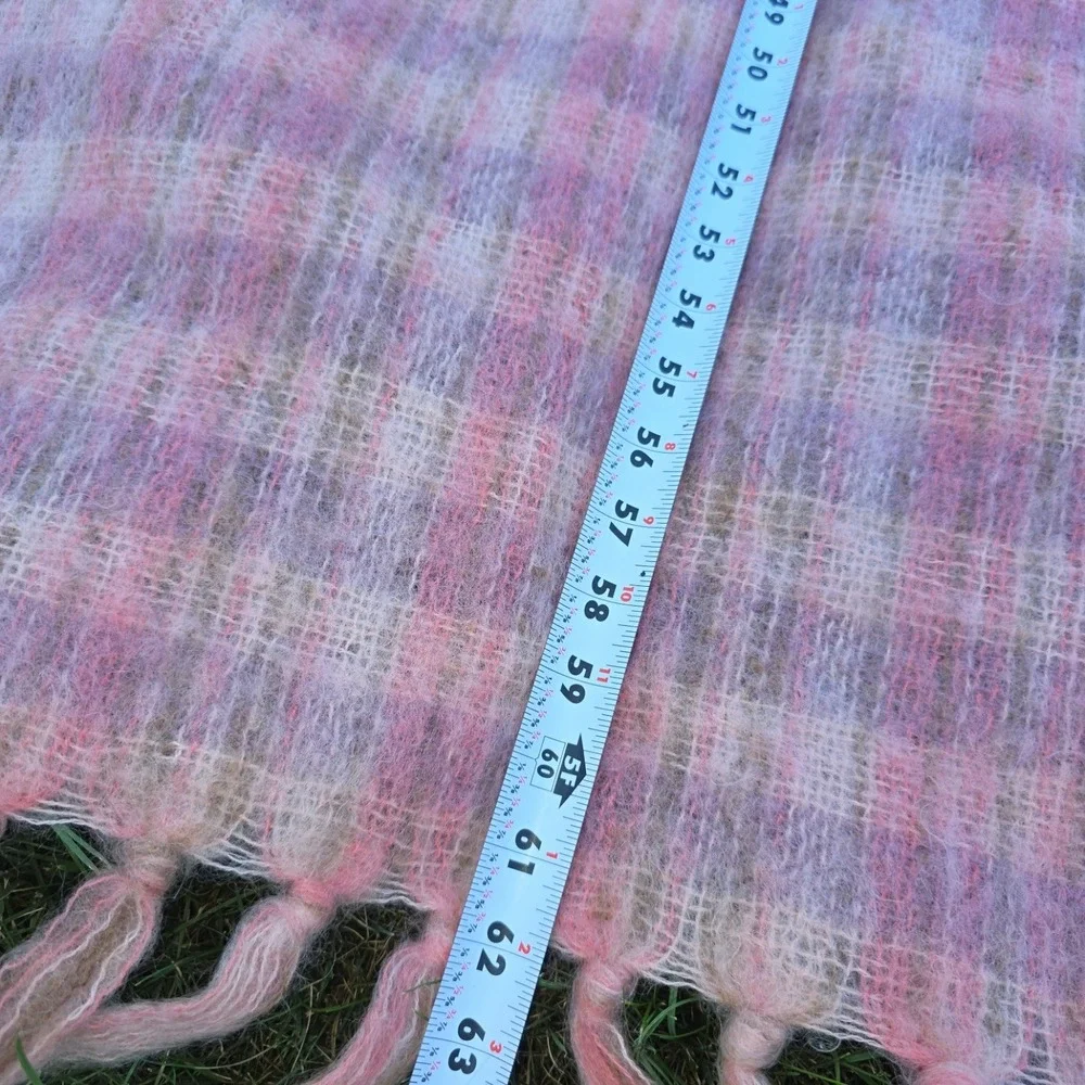 Donegal Design Ireland Mohair Wool Pink Purple Plaid Fringed Throw Blanket 60x54
